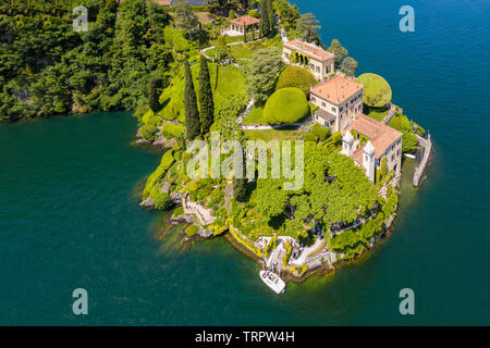 Aerial view of the Villa del Balbianello, on the Lavedo peninsula. Lenno, Tremezzina, Como Lake, Lombardy, Italy. Stock Photo