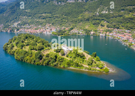 Aerial view of the Isola Comacina, Ossuccio, Tremezzina, Como Lake, Lombardy, Italy. Stock Photo