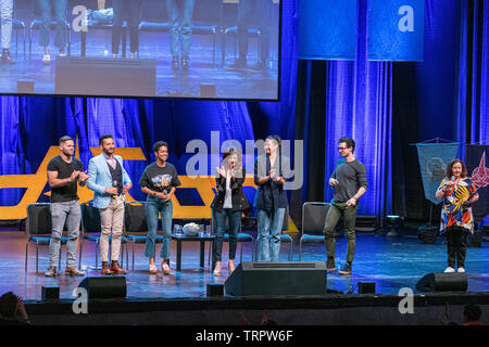 Bonn, Germany - June 8 2019: Wes Chatham, Cas Anvar, Dominique Tipper, Shohreh Aghdashloo, Frankie Adams and Steven Strait at FedCon 28 Stock Photo