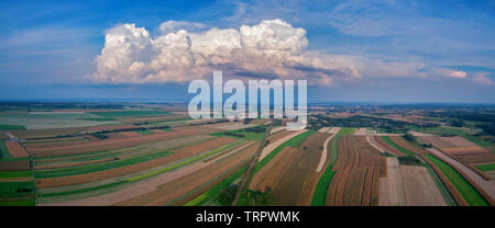 Aerial panorama of fields under blue sky and big white cloud
