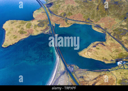 Aerial view of Snaefellsnes penisula and Atlantic ocean near Kirkjufell mountain, Iceland by drone Stock Photo