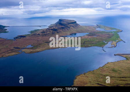 Aerial view of the Atlantic ocean and Snaefellsnes penisula near Kirkjufell mountain, Iceland by drone Stock Photo