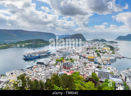 Aerial view over the town and port from the Kniven Viewpoint, Aksla Hill, Ålesund, Møre og Romsdal, Sunnmøre, Norway Stock Photo