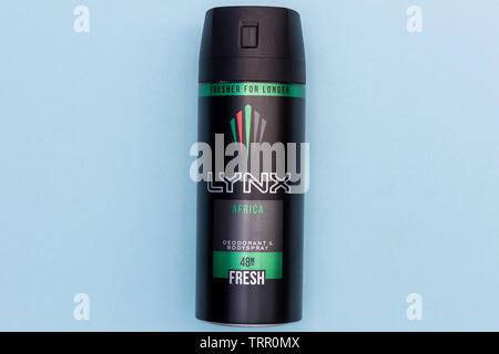 LONDON - MAY 21, 2019: Lynx Africa body spray deodorant can Stock Photo