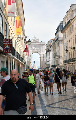 View down Rua Augusta towards Arco da Rua Augusta, Praca do Comercio, Lisbon, Portugal, June 2019 Stock Photo