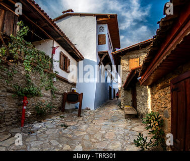 Birgi, hidden in a green geography on the cool slopes of Bozdağlar, can be seen from centuries-old plane trees and walnut trees with high stone walls, Stock Photo