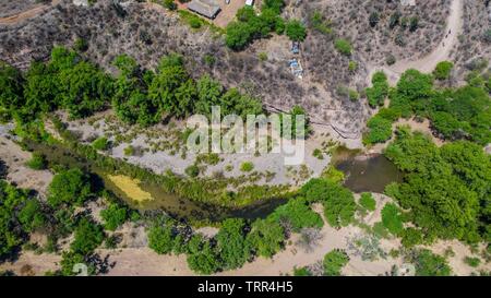 Aerial view of the trees, stream and green areas around the town of Quiriego, Sonora. Vista Aérea de los arboles, arroyo y  areas verde en los alrededores de pueblo de Quiriego, Sonora.   (Photo: LuisGiutierrez/NortePhoto) Stock Photo