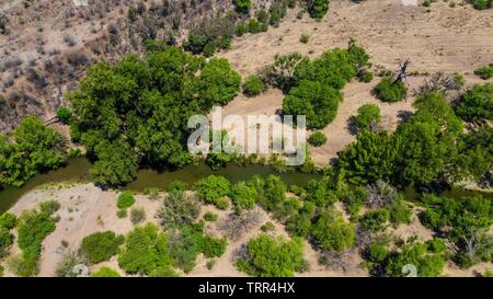 Aerial view of the trees, stream and green areas around the town of Quiriego, Sonora. Vista Aérea de los arboles, arroyo y  areas verde en los alrededores de pueblo de Quiriego, Sonora.   (Photo: LuisGiutierrez/NortePhoto) Stock Photo