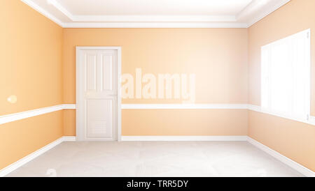 Modern empty living room interior, yellow wall mockup background. 3D rendering Stock Photo