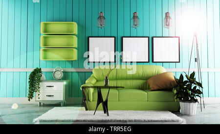 Modern living room interior with sofa green and white carpet, lamp, table, plants on mint wall background.3D rendering Stock Photo