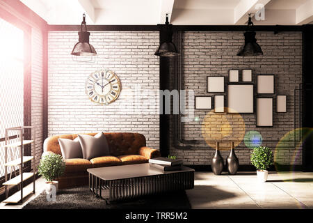 Modern Loft living room interior with sofa and green plants,lamp,table on brick wall background. 3d rendering. - Illustration Stock Photo