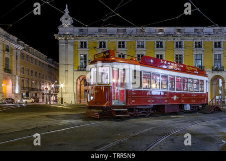 Lisbon, Portugal. Vintage tram used by Carris for tourist or tourism tours in Praca do Comercio aka Commerce Square or Terreiro do Paco Stock Photo