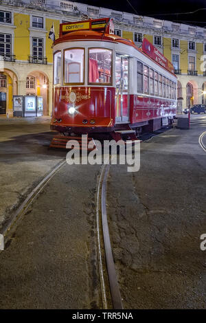 Lisbon, Portugal. Vintage tram used by Carris for tourist or tourism tours in Praca do Comercio aka Commerce Square or Terreiro do Paco Stock Photo