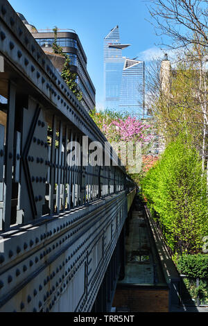 Pictured is The High Line a 1.45-mile-long elevated linear park, greenway and rail trail created on a former New York Central Railroad, USA. Stock Photo