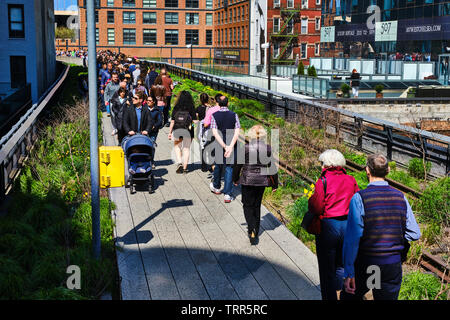 High Line promenade at twilight with city lights and illuminated ...