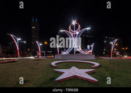 Atasehir, Istanbul,Turkey - 1 Şubat 2019; Republic square night view. (Atasehir square junction). Atasehir municipality intersection arrangement study Stock Photo