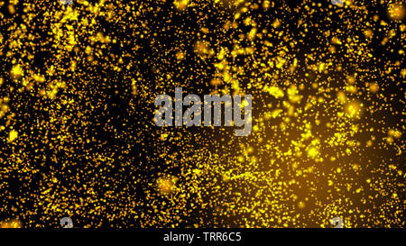 Gold bokeh graphics, 3D science fiction backgrounds of glowing particles with deep depth and bokeh. Line and square particles, yellow gold surface on Stock Photo