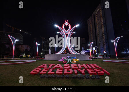 Atasehir, Istanbul,Turkey - 1 Şubat 2019; Republic square night view. (Atasehir square junction). Atasehir municipality intersection arrangement study Stock Photo