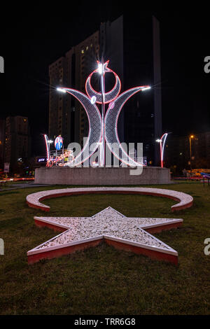 Atasehir, Istanbul,Turkey - 1 Şubat 2019; Republic square night view. (Atasehir square junction). Atasehir municipality intersection arrangement study Stock Photo