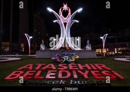 Atasehir, Istanbul,Turkey - 1 Şubat 2019; Republic square night view. (Atasehir square junction). Atasehir municipality intersection arrangement study Stock Photo