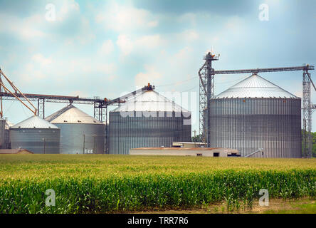 Industrial yet artistic cylindrical metal grain silos on farmland in Northwestern Mississippi Stock Photo