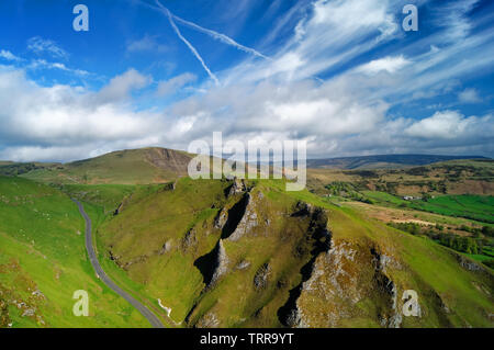 UK,Derbyshire,Peak District,Looking down Winnats Pass towards Mam Tor Stock Photo