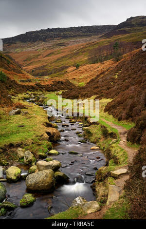 UK,Derbyshire,Peak District,Grindsbrook Clough Waterfalls and Kinder Scout Stock Photo