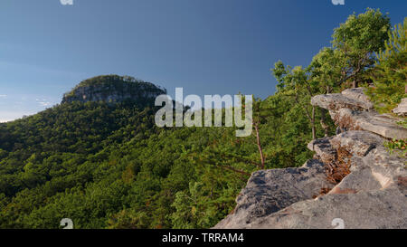 View of main pinnacle (knob) at Pilot Mountain State Park, North Carolina on a clear summer morning. Landscape photography in NC Stock Photo