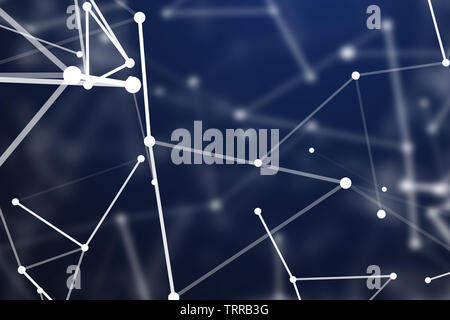 Blockchain network , Machine learning , deep learning and neural networks concept. Blue Distributed connection atom with black background , 3d renderi Stock Photo
