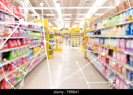 Smart retail , deep learning , neural networks technology and marketing concept. Disruption artificial intelligence atoms connect with retail shop sup