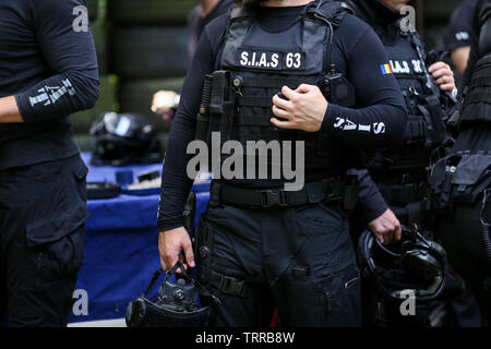 Bucharest, Romania - June 10, 2019: Details with the uniform and security kit of a Romanian SIAS (the service for special action of the Romanian Polic Stock Photo