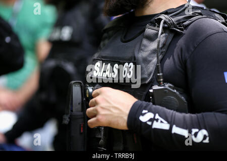 Bucharest, Romania - June 10, 2019: Details with the uniform and security kit of a Romanian SIAS (the service for special action of the Romanian Polic Stock Photo