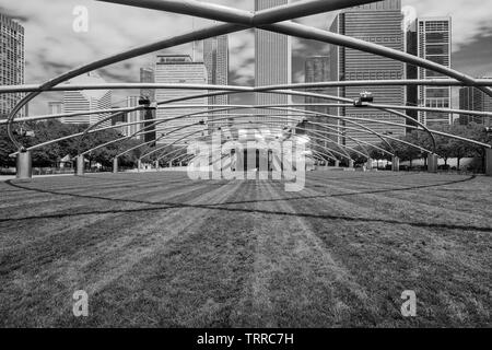 Jay Pritzker Pavilion is located within Millenium Park in downtown Chicago. The location is open to the public and features theater and musical acts. Stock Photo