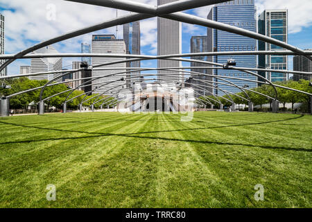 Jay Pritzker Pavilion is located within Millenium Park in downtown Chicago. The location is open to the public and features theater and musical acts. Stock Photo