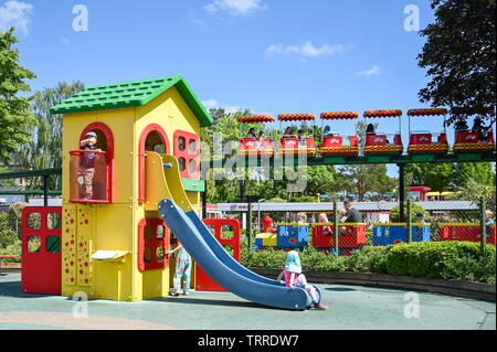 Playground and Monorail at Legoland in Billund, Denmark. This family theme park opened in 1968 and is built by 65 million lego bricks. Stock Photo