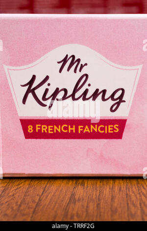 London, UK - June 11th 2019: Close-up of the famous Mr. Kipling brand logo on the packaging of one of their food products. Stock Photo