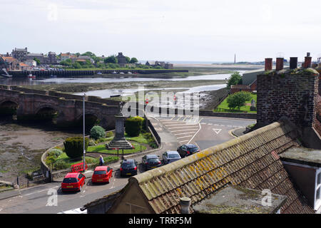 View of the Berwick Bridge (Old Bridge) from the Royal Tweed Bridge. Berwick-upon-Tweed sits at the most northerly tip of Northumberland Stock Photo