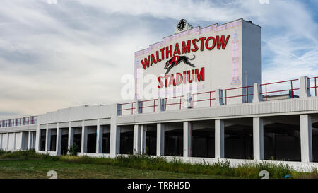 London, England, UK - June 1, 2019: The art deco clock tower of Walthamstow Stadium stands disused after closure of the greyhound racing track. Stock Photo