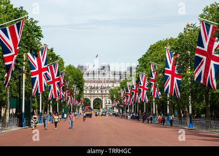 London, England, UK - June 1, 2019: Union Jack flags fly along The Mall ahead of a ceremonial event in central London. Stock Photo