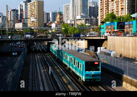 SANTIAGO, CHILE - OCTOBER 2015: A Santiago Metro train goes downtown onto Santa Ana station Stock Photo