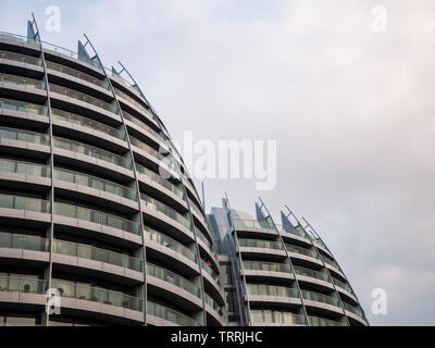 London, England, UK - July 29, 2011: The modern new build Bezier Apartments buildings rise above Old Street in London. Stock Photo