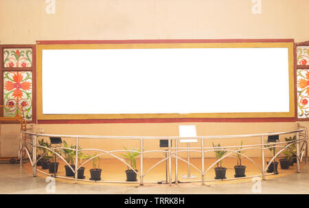 A Big White Billboard on Wall at Museum. Stock Photo