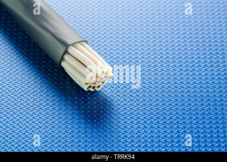 The cross-section of the control cable lies on the blue technological surface Stock Photo