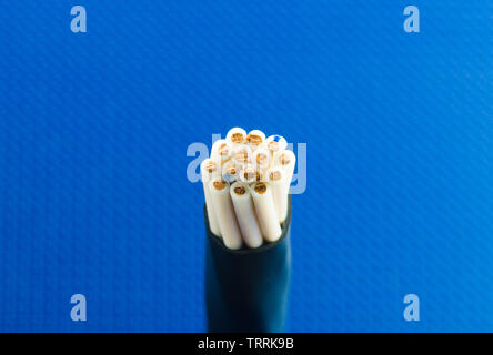 Cross-section of control cable on blue technological background, macro Stock Photo