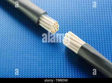 Cross-section of two control cables on blue ribbed technological background Stock Photo