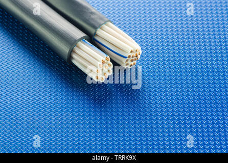 Cross-section of two control cables on blue ribbed technological background Stock Photo