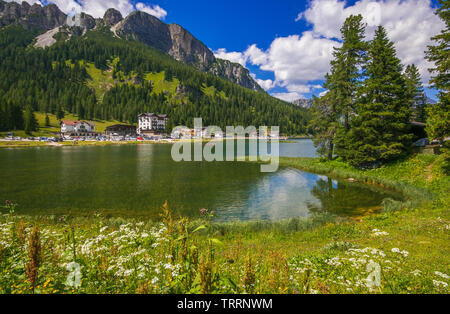 CADORE, ITALY - JULY 17, 2019: Panoramic view of Misurina lake in the italian Dolomites, Veneto Stock Photo