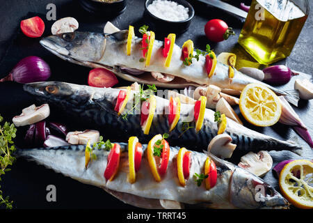 three whole raw mackerel with lemon, tomatoes, mushrooms, spices and herbs. scomber on a stone plate on a concrete table, view from above, close-up Stock Photo