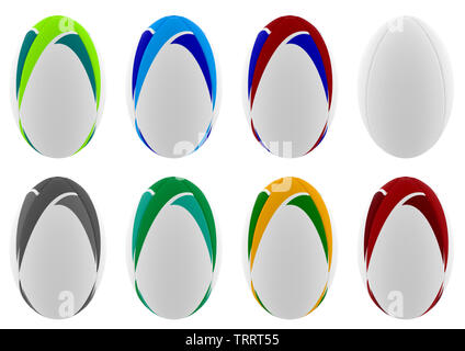 A collection of various white textured rugby balls with a range of colored design elements printed on them on a isolated white background - 3D render Stock Photo