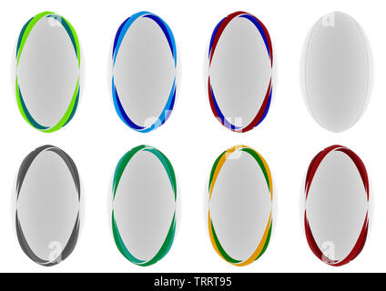 A collection of various white textured rugby balls with a range of colored design elements printed on them on a isolated white background - 3D render Stock Photo